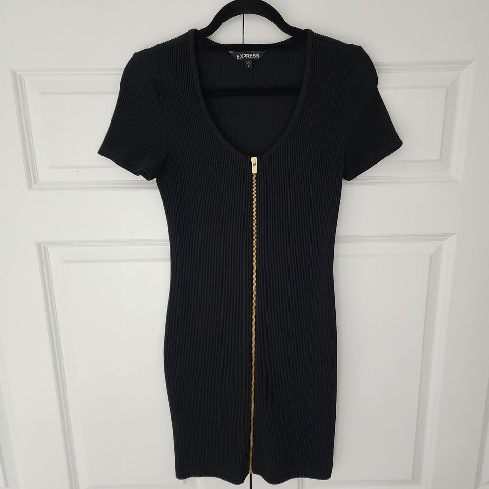 Express Women's Short Sleeve Ribbed Zipper Dress Size S Black